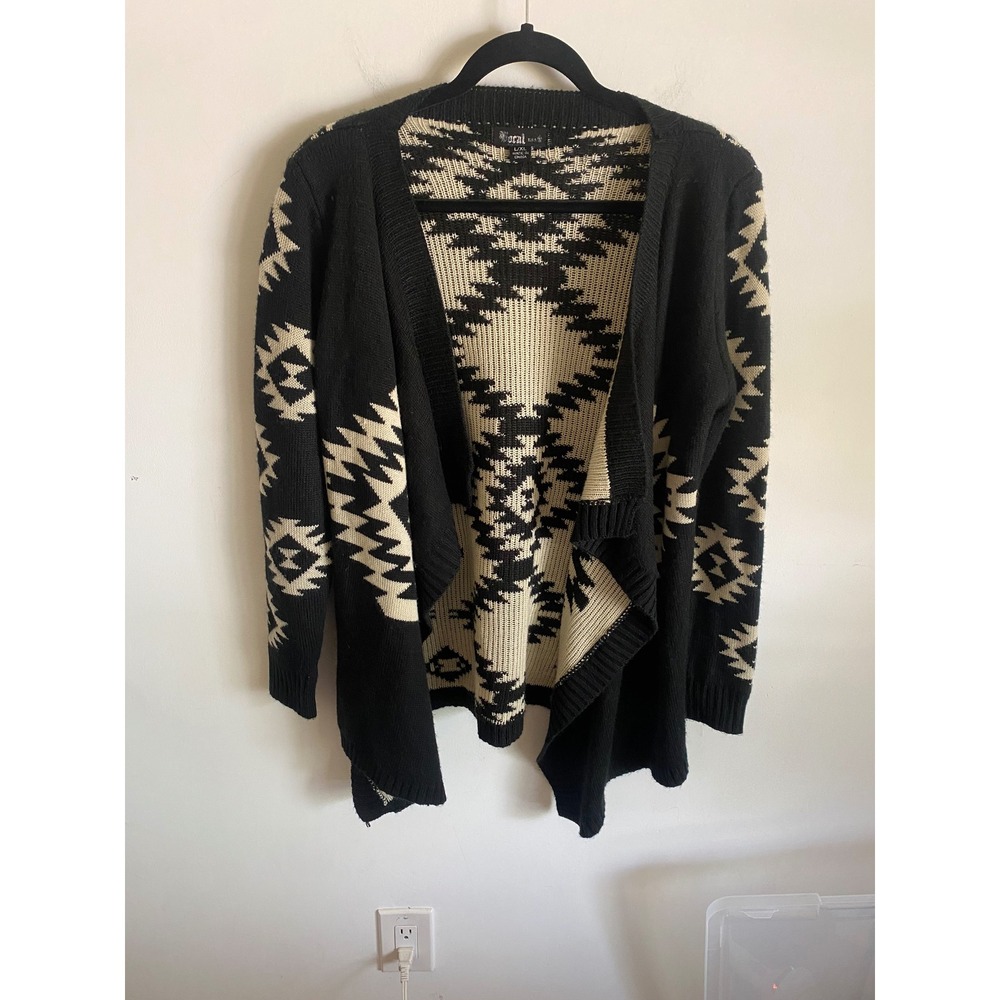 Vocal USA Womens Aztec Tribal Open Front Cardigan Black Cream Knit Sweater L/XL